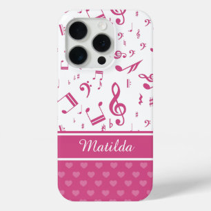 Coque iPhone 15 Pro Notes musicales personnalisées et Coeurs Motif ros