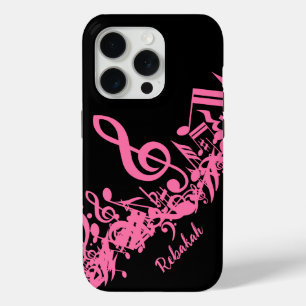 Coque iPhone 15 Pro Notes musicales roses chaudes sur noir