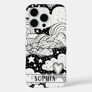 Coques iPhone 16 Pro Nuages célestes étoiles Doodle personnalisé