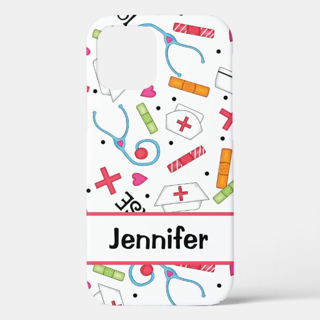 Coques Case-Mate iPhone Nurse Whimsy Art Médicale Blanc Nom Personnalisé (Verso)
