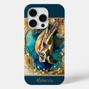 Coque iPhone 15 Pro Ocean Life Vie marine Tortue perles d'or