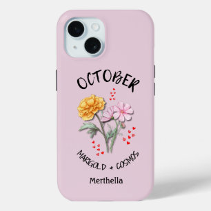 Coque Pour iPhone 15 OCTOBRE rose Mois de naissance Fleur Nom personnal