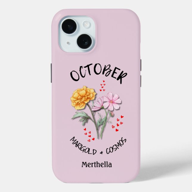 Coques Case-Mate iPhone OCTOBRE rose Mois de naissance Fleur Nom personnal (Verso)