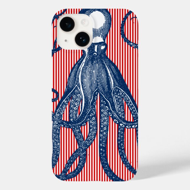 Coques Case-Mate iPhone Octopus antique sur les rayures blanches rouges (Verso)