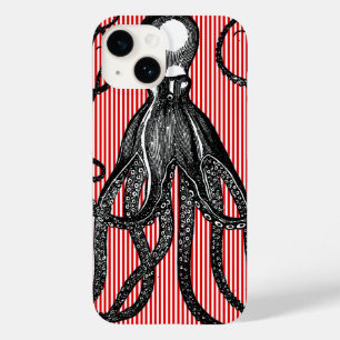Coque Pour iPhone 14 Octopus antique sur les rayures blanches rouges