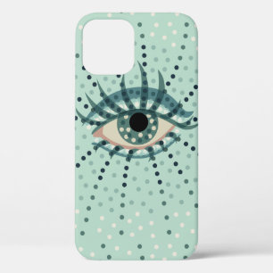 Coque iPhone 12 Oeil bleu étrange avec des points d'art psychédéli