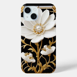 Coque Pour iPhone 15 Œuvre d'art à la fleur blanche avec de l'or luxueu