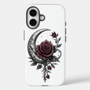 Coque Pour iPhone 16 Œuvre d'art florale sombre croissant de lune rose