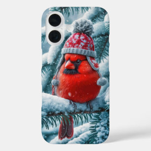 Coque Pour iPhone 16 Oiseau cardinal rouge portant un Casquette d'hiver