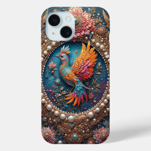 Coque Pour iPhone 15 Oiseau doré dans un cadre décoratif orné