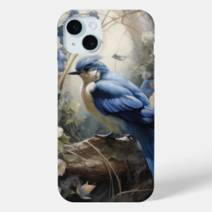 Coque iPhone 15 Mini Oiseau floral vintage dans les bleus et la crème