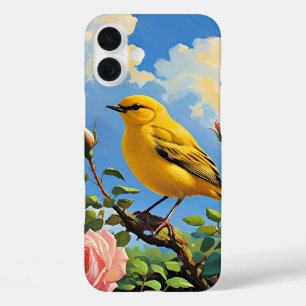 Coques iPhone 16 Plus Oiseau jaune coloré et jolies roses roses