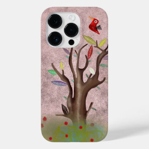 Coque Pour iPhone 14 Pro Oiseau rouge arboré peint en rose pâle