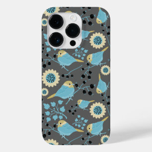 Coque Pour iPhone 14 Pro Oiseaux Berries Florales Crème Bleue Gris Noir Mot