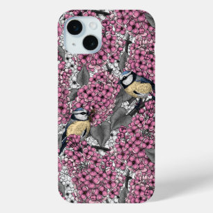 Coque iPhone 15 Mini Oiseaux dans le jardin lilas rose