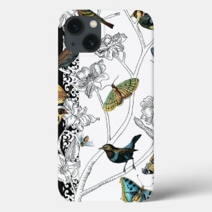 iPhone 13 Coque Oiseaux et papillons sur un Arrière - plan noir e