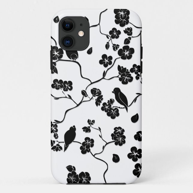 Coques Case-Mate iPhone Oiseaux Motifs noirs et blancs sur les fleurs de c (Dos)