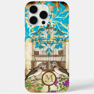 Coques iPhone 16 Pro Max Oiseaux vintages Cerisier Fleur de Cerisier Damas