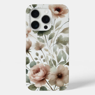 Coque iPhone 15 Pro Olive et rose pâle Aquarelle Florale moderne