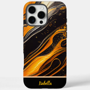 Coques iPhone 16 Pro Max Ondes d'or et d'orange sur toile sombre