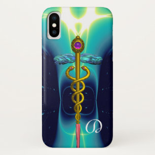 Coque Case-Mate Pour iPhone OR CADUCEUS MONOGRAM MÉDICALE, Turquoise bleu Aqua
