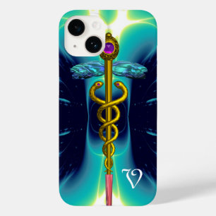 Coques Pour iPhone OR CADUCEUS MONOGRAMME MÉDICALE Turquoise Bleu