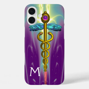 Coques iPhone 16 Plus OR CADUCUS MÉDICALE SYMBOLE vert pourpre Monogramm