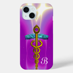 Coque Pour iPhone 15 OR CADUCUS MÉDICALE SYMBOLE Violet Monogramme