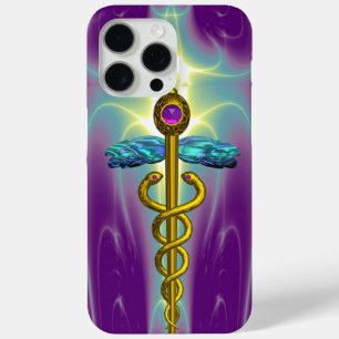 Coque iPhone 15 Pro Max OR CADUCUS SYMBOLE MÉDICALE, Turquoise vert pourpr