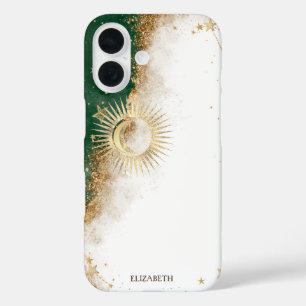 Coque Pour iPhone 16 Or céleste Soleil Et Lune Étoiles Vert