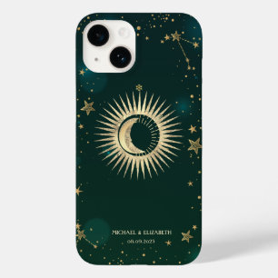 Coque Pour iPhone 14 Or céleste Soleil Et Lune Étoiles Vert