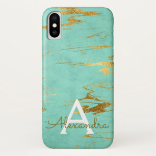 Coques Pour iPhone Or et marbre de Teal avec la feuille d'or et les