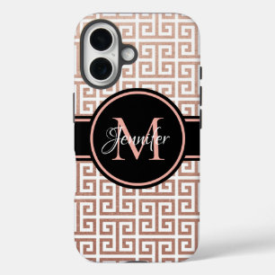 Coque Pour iPhone 16 Or et Rose Gold Foil Clé Grecque Monogramme Noir