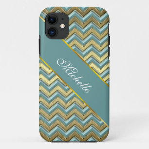 Coque iPhone 11 Or et Turquoise Motif Chevron