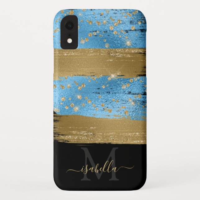 Coques Case-Mate iPhone Or Glitter Script Monogrammé Bleu (Dos)