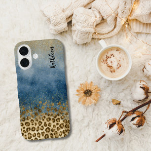 Coque Pour iPhone 16 Or Monogramme Imprimé Léopard Pailleté Bleu Or