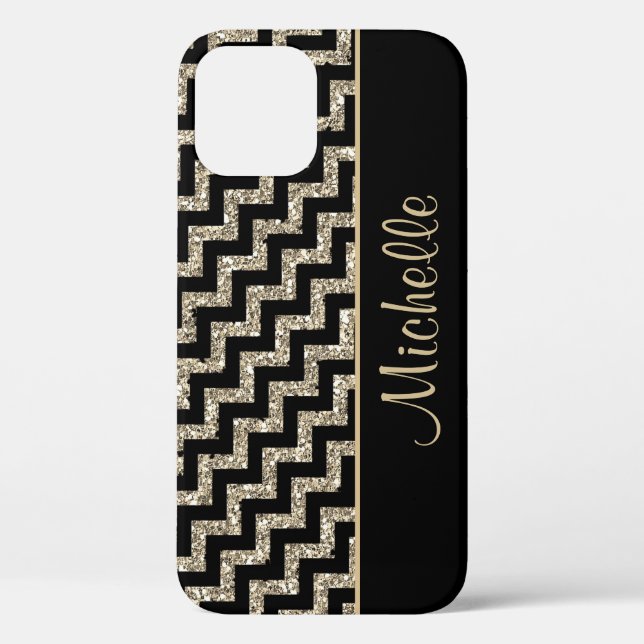 Coques Case-Mate iPhone Or noir diagonal de Chevron personnalisé (Verso)
