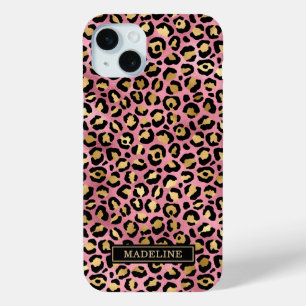 Coque iPhone 15 Mini Or Rose Gold Feuille Imprimé Léopard Monogrammé
