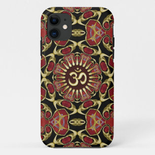 Coque iPhone 11 Or Sanskrit de l'OM + Caisse baroque rouge de