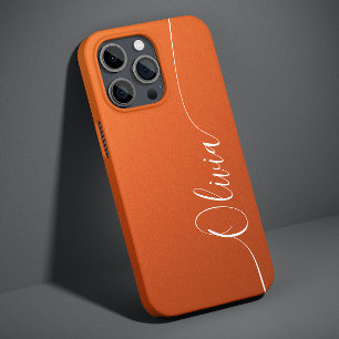 Coque Pour iPhone 14 Orange Blanc Élégant Nom en Calligraphie