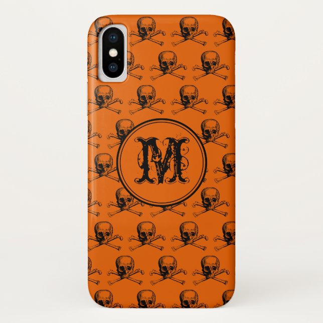 Coques Case-Mate iPhone Orange Crâne noir Halloween Monogramme personnalis (Dos)