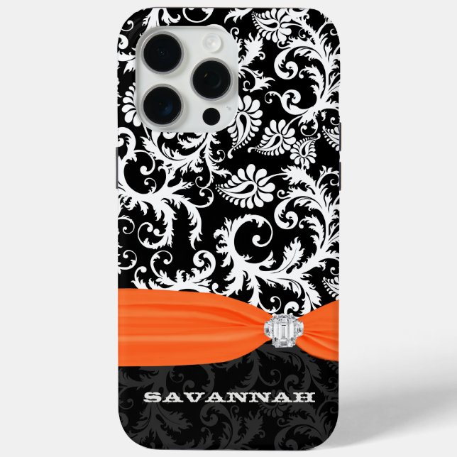 Coques Case-Mate iPhone Orange et blanc Damas imprimés Faux Rhinestone (Verso)