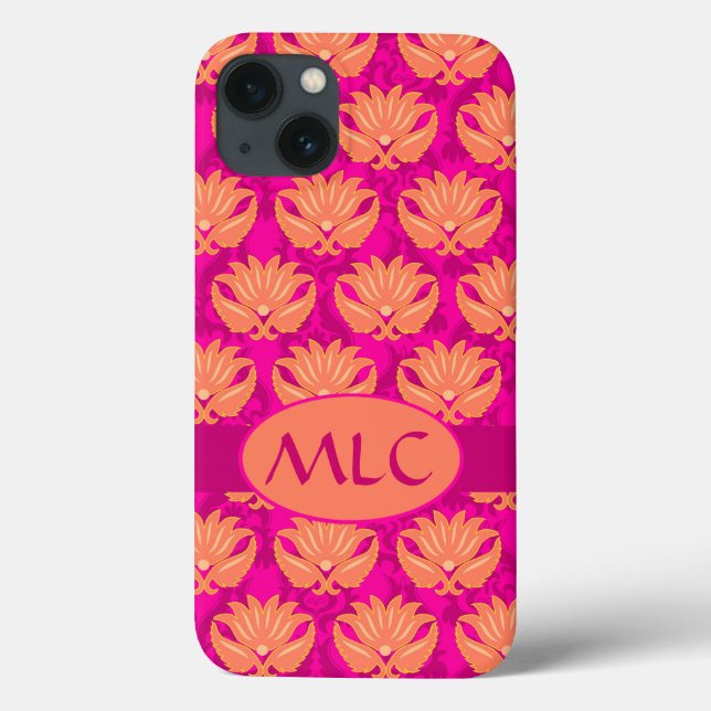 Coques Case-Mate iPhone Orange Fuchsia rose Art Nouveau Damas Monogramme (Verso)