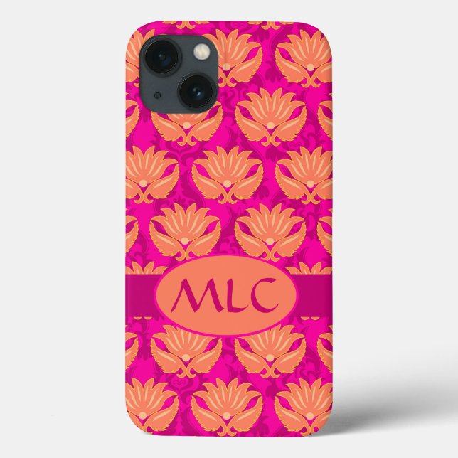 Coques Case-Mate iPhone Orange Fuchsia rose Art Nouveau Damas Monogramme (Verso)