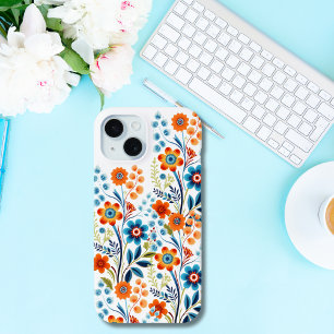 Coque Pour iPhone 15 Orange Jaune Bleu Vert Floral Rétro Vintage