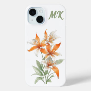 Coque Pour iPhone 15 Orange Lily Flowers Monogramme Téléphone Case