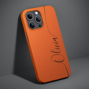 Coque Pour iPhone 14 Orange Noir Élégant Calligraphie Script Nom