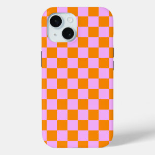Coque Pour iPhone 15 Orange + Pink Check À damiers Motif de tableau de 