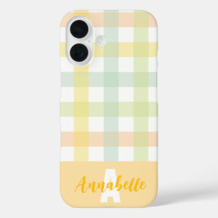 Coque Pour iPhone 16 Orange vert jaune bleu pastel En vichy Monogramme