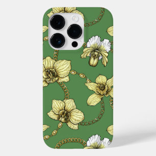 Coque Pour iPhone 14 Pro Orchidées et chaînes, jaune et vert kelly